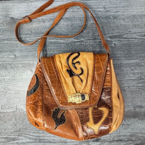 Sharif Handbags - Sharif‎ Vintage Leather Crossbody Bag Snakeskin Croc Embossed Brown USA Retro